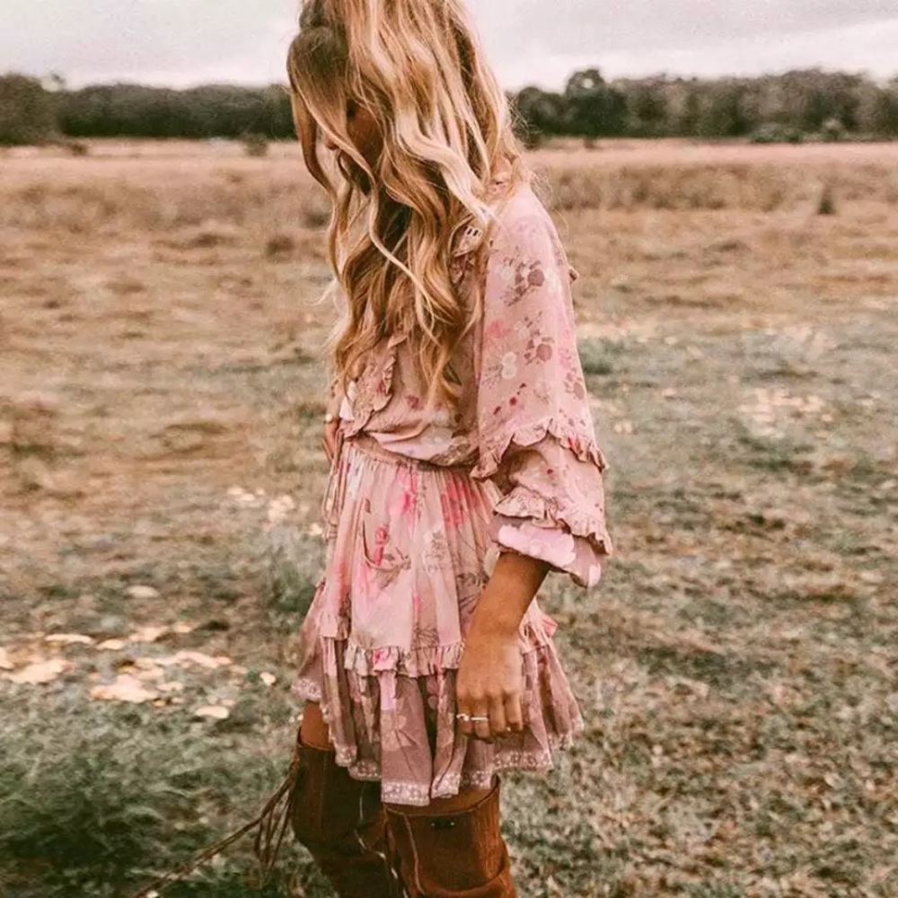 SOLD OUT Boho Gypsy Floral Long Sleeve Ruffle Mini Dress - Picture 2 of 8